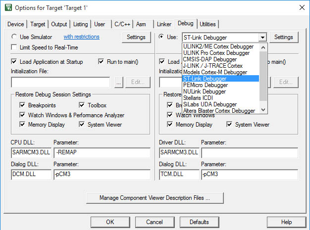 Selecting debugger type and upload configuration