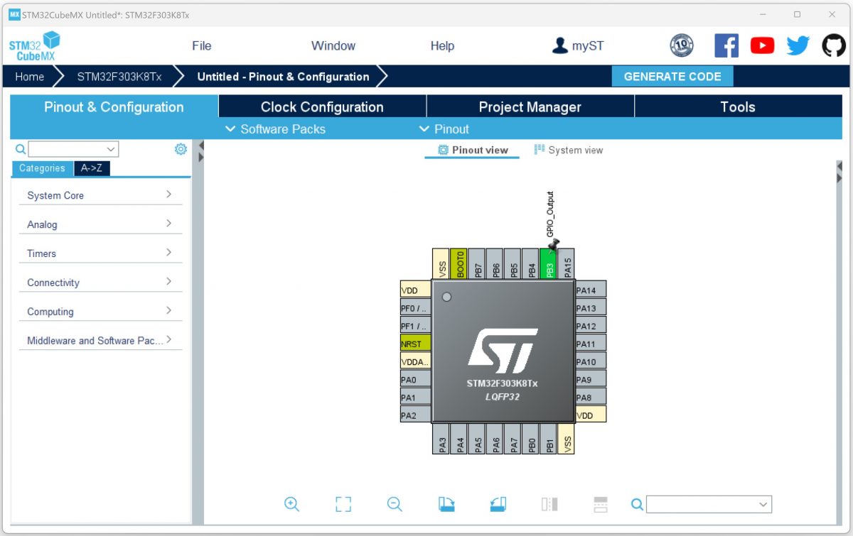 GUI of stm32cubemx configuring an STM32F303K8 microcontroller